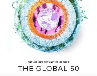 Обложка отчёта The Global 50: стилизованный фиолетовый земной шар в центре круговой графики с декоративными элементами и надписью THE GLOBAL 50 внизу.