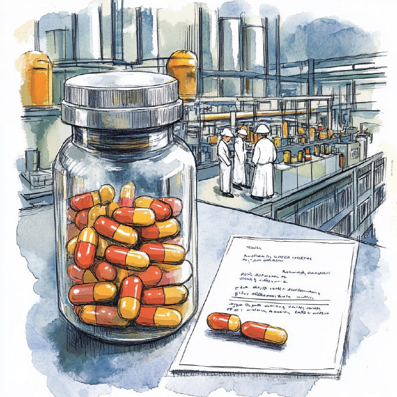 Стеклянная банка с капсулами на столе рядом с листом документа; на заднем плане производственный цех и сотрудники — иллюстрация контроля качества БАД.