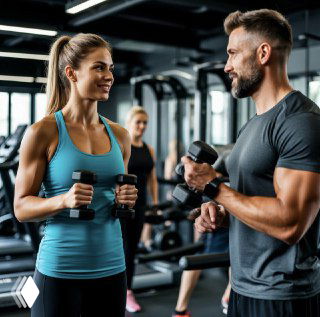 Тренер инструктирует женщину с гантелями в тренажёрном зале: видны тренажёры и посетитель на заднем плане, атмосфера фитнес-клуба.