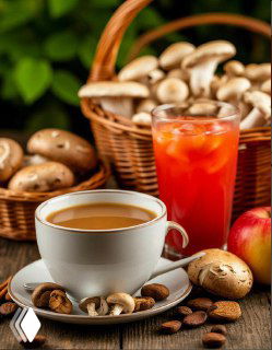 Чашка грибного кофе и стакан смузи на деревянном столе на фоне корзины с грибами — иллюстрация тренда грибных напитков.