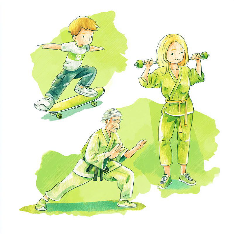 Иллюстрация людей разных возрастов, демонстрирующих физическую активность: ребенок на скейтборде, девушка с гантелями и пожилой человек в упражнении для равновесия, на зелёном фоне.
