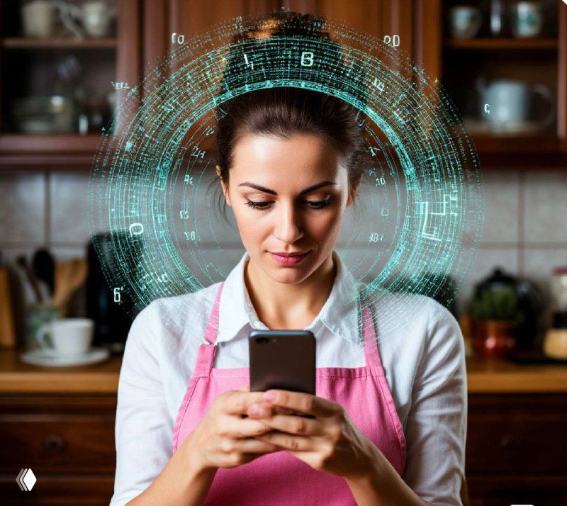 Женщина в фартуке на кухне смотрит в смартфон; круговой цифровой интерфейс символизирует алгоритмы и AI.