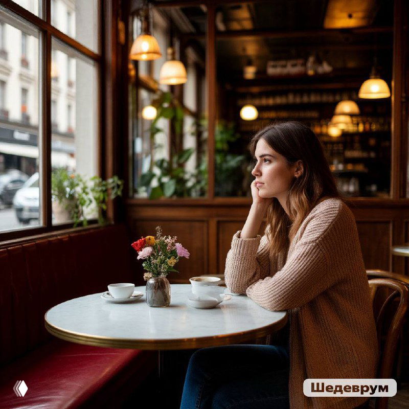 Женщина в кафе сидит одна за столиком, глядя в окно; на столе чашки и цветы, тёплый интерьер иллюстрирует тренд соло‑посещений.