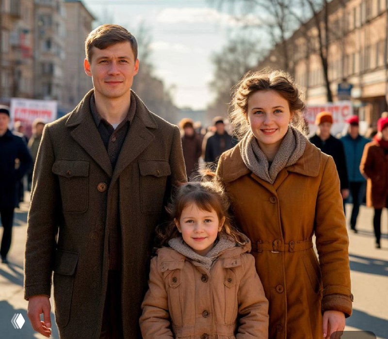 Семья в тёплой одежде идёт по улице на массовом мероприятии — родители и ребёнок на фоне прохожих и праздничных баннеров.