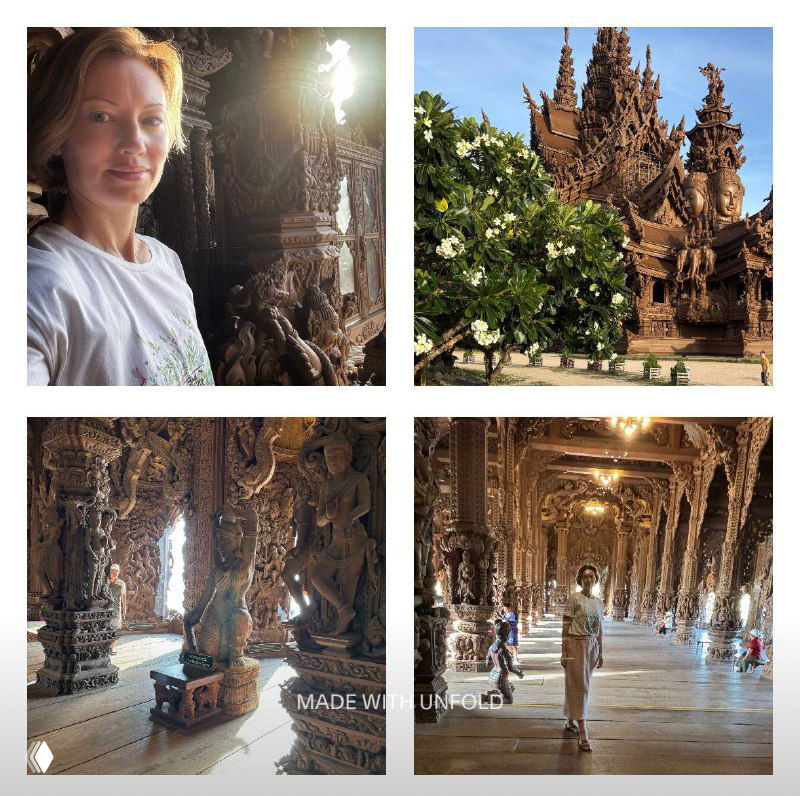 Коллаж: автор у резного интерьера Храма Истины, внешний вид храма и просторные резные залы — символ семейных и духовных ценностей в путешествии.