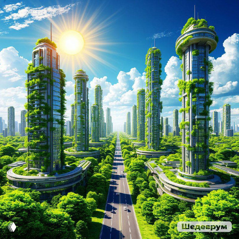 Футуристический город будущего с зелёными башнями, террасной растительностью и ярким солнцем — иллюстрация концепта здоровой среды обитания.