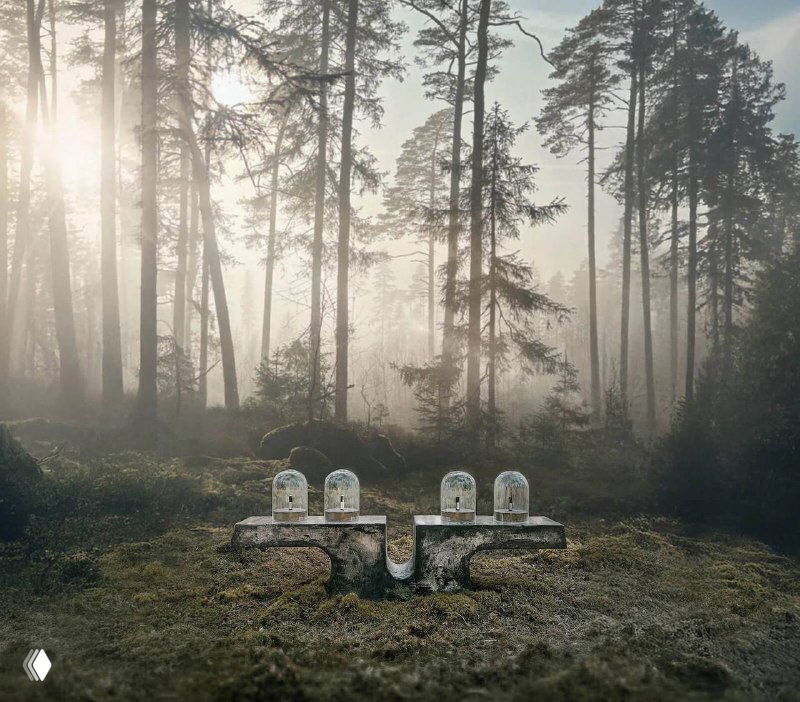 Туманное лесное пространство с каменными постаментами и высокими соснами, создающее атмосферу длительной тишины и уединения.