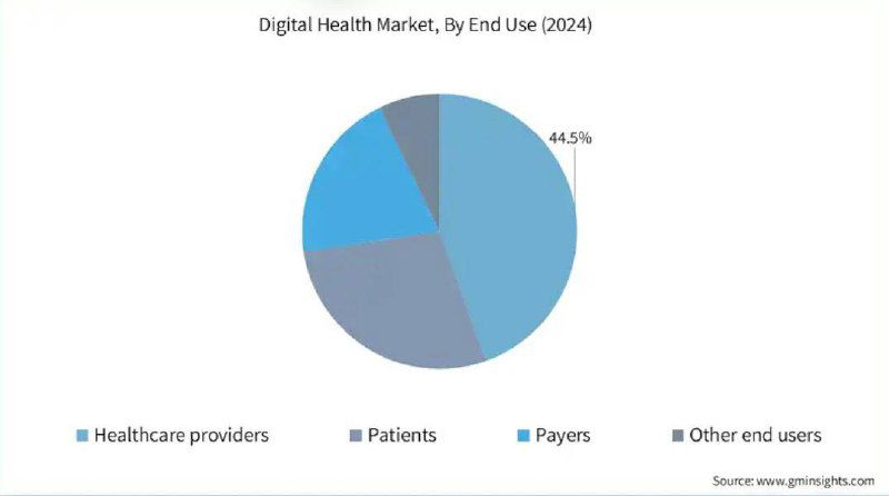 Круговая диаграмма долей по пользователям рынка цифрового здоровья: поставщики услуг, пациенты, плательщики и другие конечные пользователи.