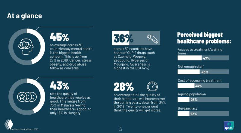 Инфографика "At a glance" из отчёта Ipsos: доли в процентах по восприятию качества здравоохранения и основных проблем — доступность, ожидание, стоимость.