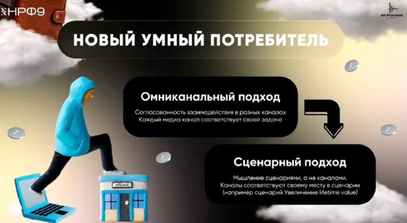 Слайд с заголовком «НОВЫЙ УМНЫЙ ПОТРЕБИТЕЛЬ» и описанием омниканального и сценарного подходов к коммуникации с потребителем.