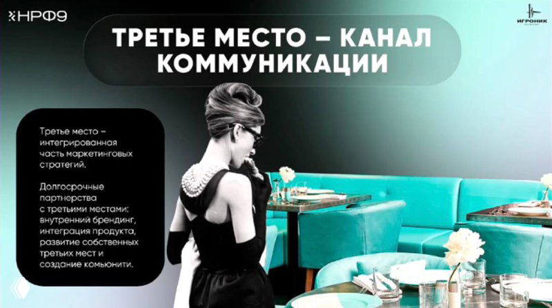 Слайд с заголовком «ТРЕТЬЕ МЕСТО – КАНАЛ КОММУНИКАЦИИ» и графикой интерьеров кафе, идея «третьего места» для взаимодействия бренда с аудиторией.
