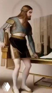 Стилизованное изображение фигуры человека в историческом костюме у стола; кадр похож на фрагмент анимации или морфинга, демонстрирующий смену образов и движения.