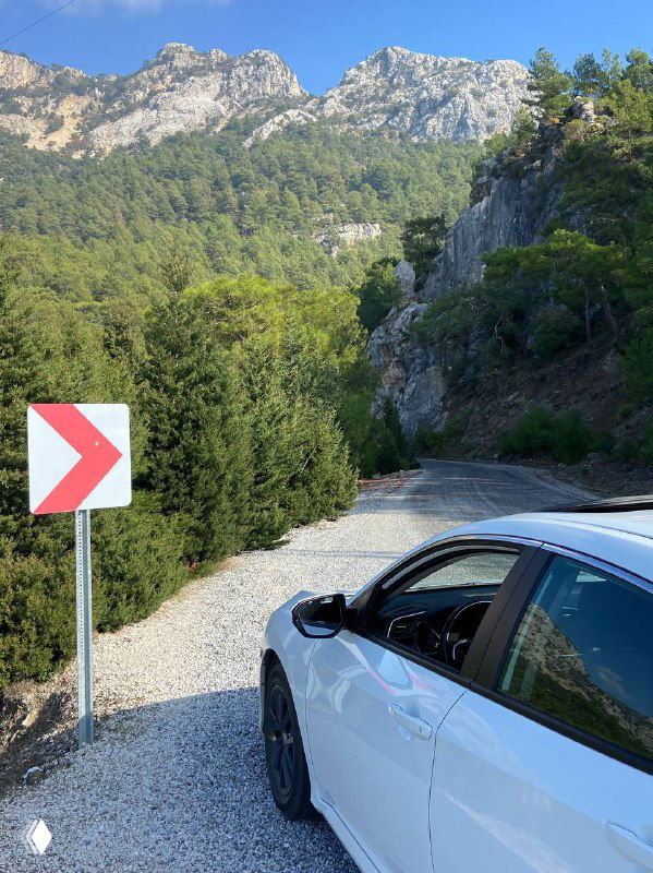 Фрагмент дорожного пути с указателем поворота и передним планом автомобиля; хвойный лес и горные склоны формируют узкий горный проход.