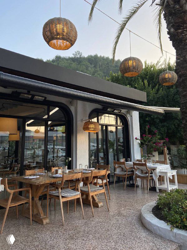 Интерьер и открытая часть ресторана Mori Restoran: деревянные столы, ротанговые лампы, уютная атмосфера у моря и пальмы вокруг.