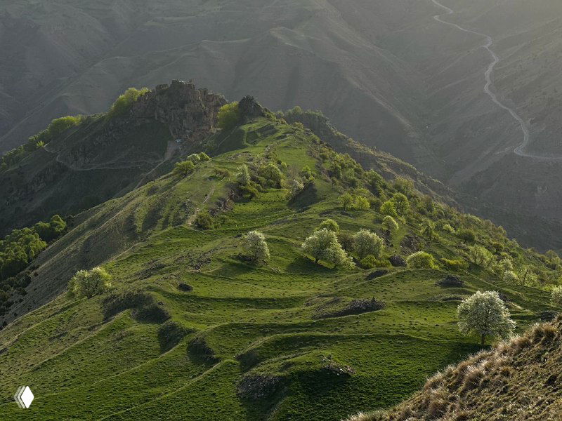 Рассветный вид на зелёные террасы и горный хребет рядом с заброшенным аулом Гамсутль в Дагестане — пейзаж, снятый во время групповой прогулки к аулу.