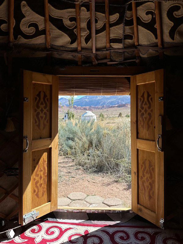 Вид из открытого дверного проёма юрты на степной пейзаж и горы вдали, тёплый интерьер создаёт контраст с холодной природой снаружи.