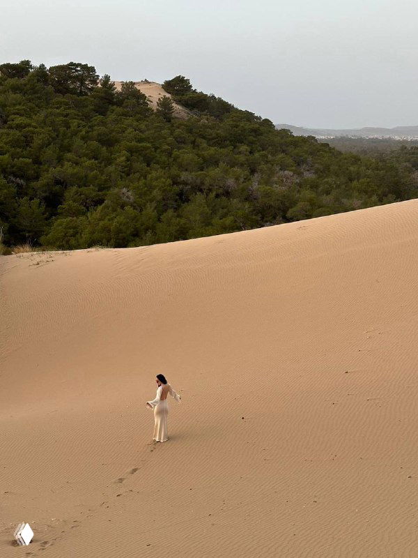 Человек идёт по обширной песчаной дюне, вокруг редкие заросли и спокойный тон неба — ощущение пустынной прогулки и пространства.