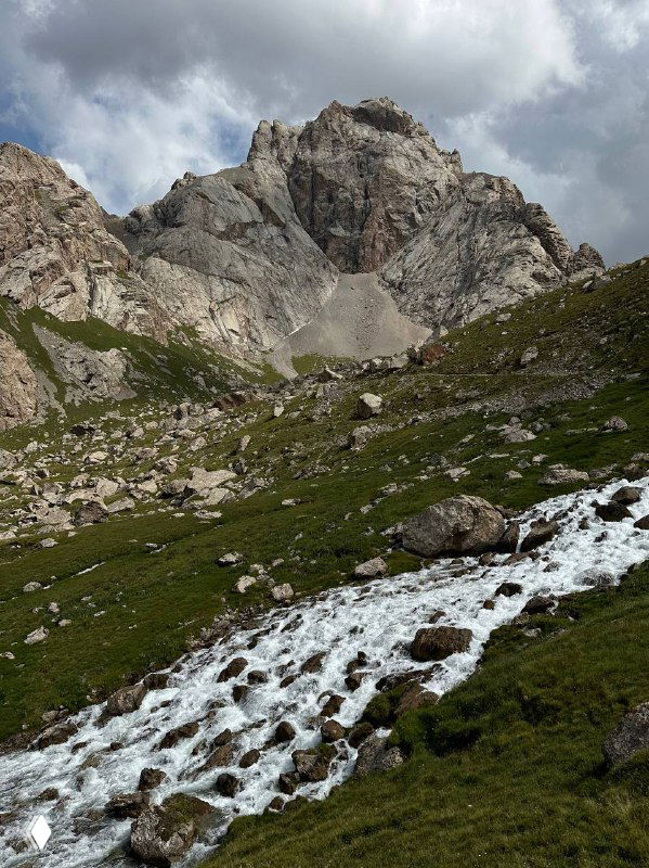 Горный ручей и стремительный поток воды над камнями в альпийской долине, вокруг — сочная зелень и острые горные вершины на горизонте.