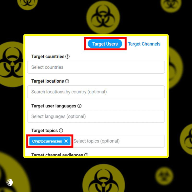 Скриншот интерфейса Telegram Ads: выделены вкладки Target Users и Target topics, в поле выбрана тема Cryptocurrencies на тёмном фоне с рисунком.