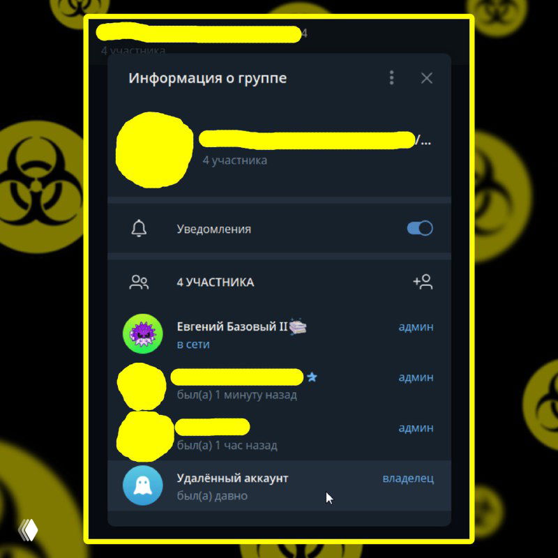 Скриншот окна «Информация о группе» в Telegram с выделенным участником и подписью, показывающий элемент «Удалённый аккаунт» в списке участников группы.