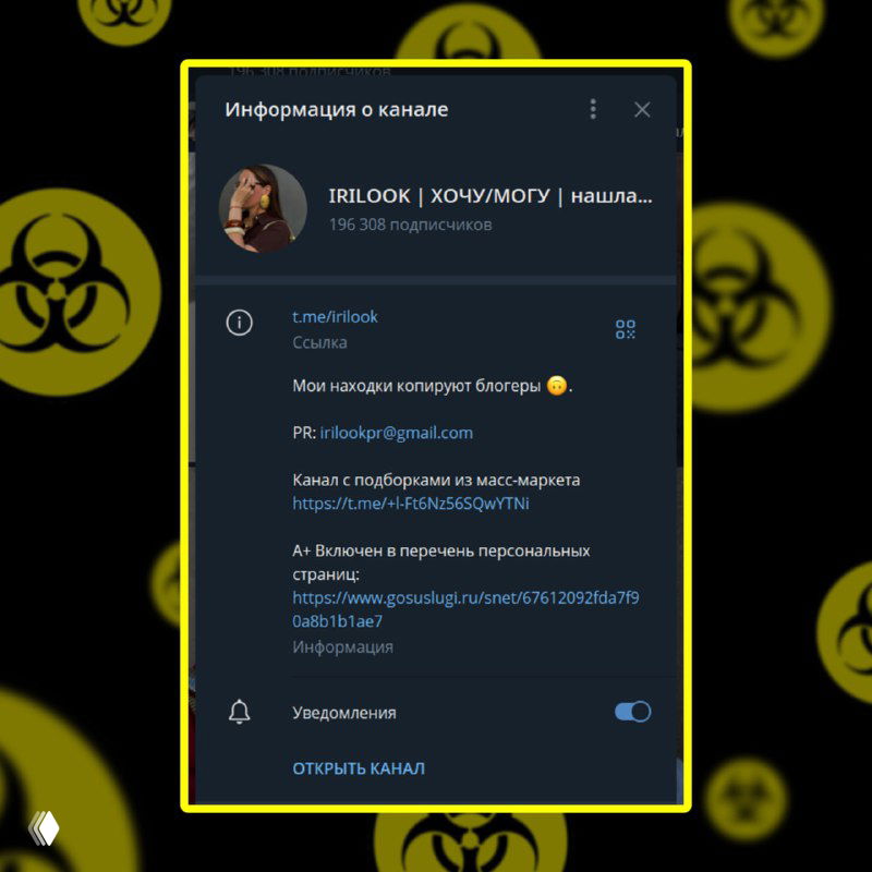 Скриншот карточки канала Telegram с названием и описанием канала продавца, демонстрация страницы канала и метаданных.