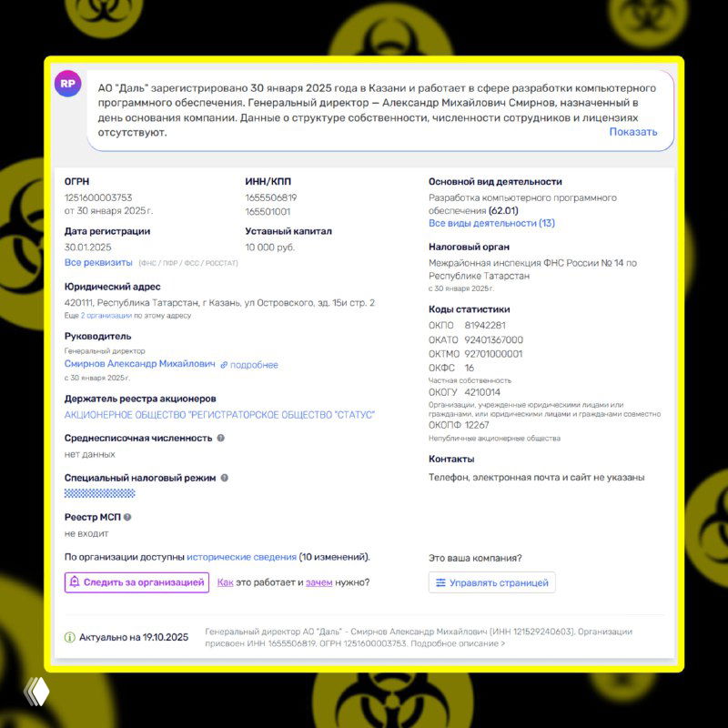 Скриншот карточки юрлица с данными АО «Даль», в том числе ИНН 1655506819 и регистрационные сведения, использованный как доказательство связей с рекламой.