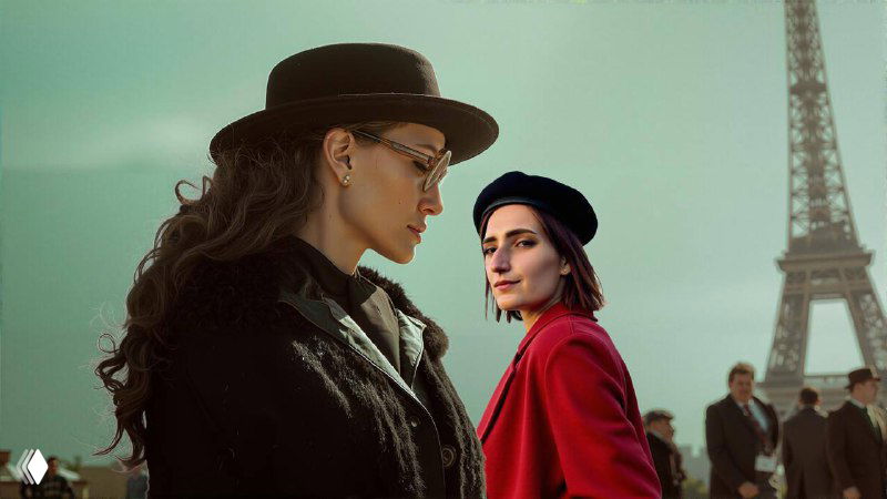 Две женщины в профиль на фоне Эйфелевой башни: кинематографичная сцена с контрастной цветовой гаммой, драматичным освещением и городским пейзажем.