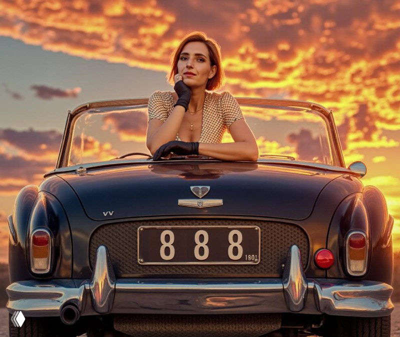 Женщина в ретро-автомобиле на фоне тёплого закатного неба, сидит на капоте и смотрит вдаль — символ паузы и размышлений.