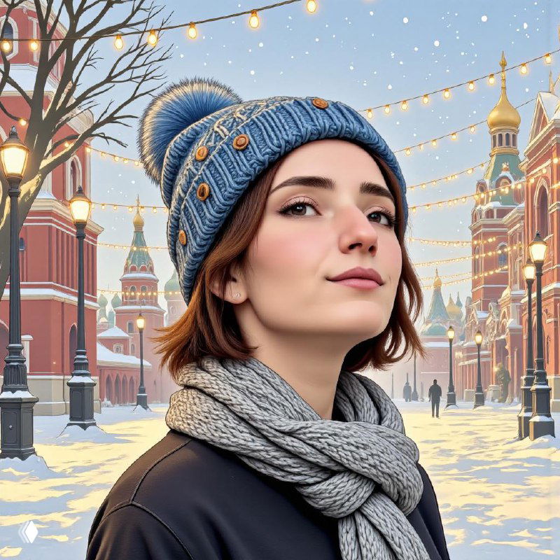 Женщина в зимней одежде на фоне украшенной гирляндами улицы и куполов в Москве, портрет в городской зимней атмосфере.