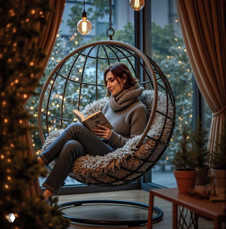 Крупный план женщины в уютном подвесном кресле у окна: тёплый свитер, мягкий плед, книга в руках, мягкое освещение и огни города на заднем плане.