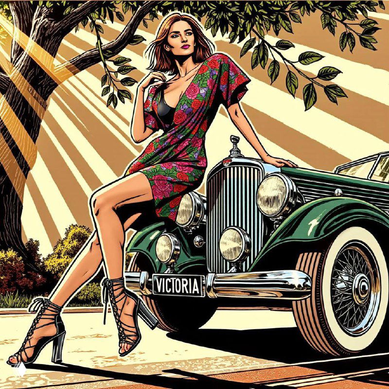 Иллюстрация: женщина в платье опирается на ретро-автомобиль на солнце, стилизованные лучи и деревья вокруг, винтажная художественная сцена.