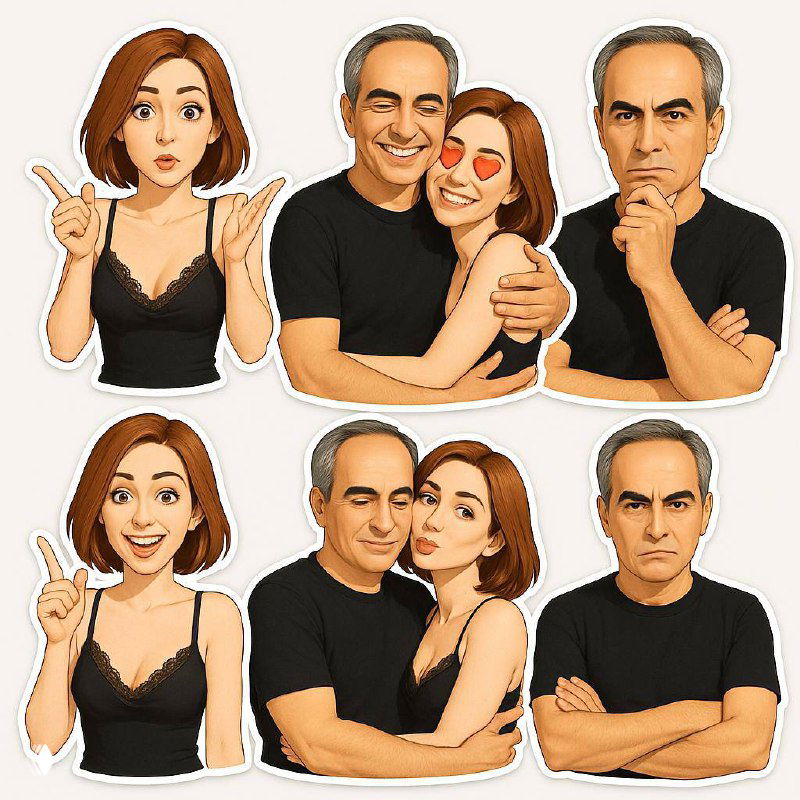 Иллюстрация: набор стикеров с парой — муж и жена в разных позах и эмоциях, отражающих семейную жизнь и взаимодействие.