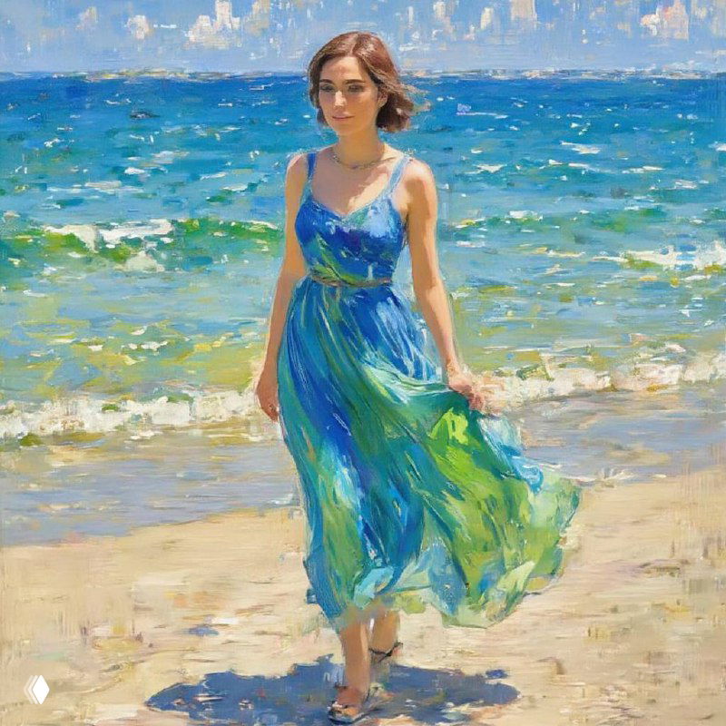 Импрессионистская живописная сцена: женщина в синево‑зелёном платье идёт по морскому пляжу, видно яркое солнце, лёгкие мазки и настроение прогулки