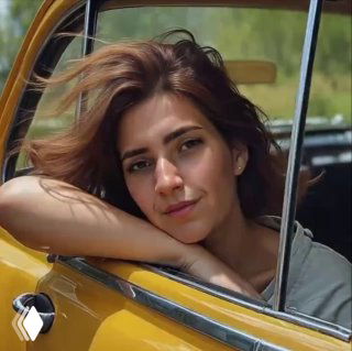 Портретная фотография задумчивой женщины, опершейся на раму окна желтого автомобиля; естественное освещение, мягкий фон.