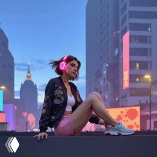 Сидящая молодая женщина в розовых наушниках на фоне неонового городского пейзажа в сумерках — визуальная метафора вдохновения и технологий.