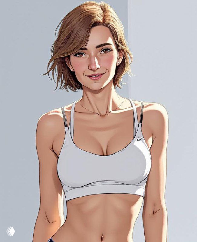 Крупный портрет улыбающейся женщины в спортивном топе на нейтральном фоне, образ бодрости и спорта для заметки о кофе перед тренировкой