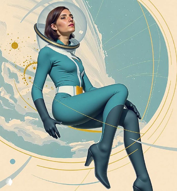 Иллюстрация: стилизованный портрет молодой женщины в ретро-скафандре на абстрактном фоне, символ будущего и доверия детям.