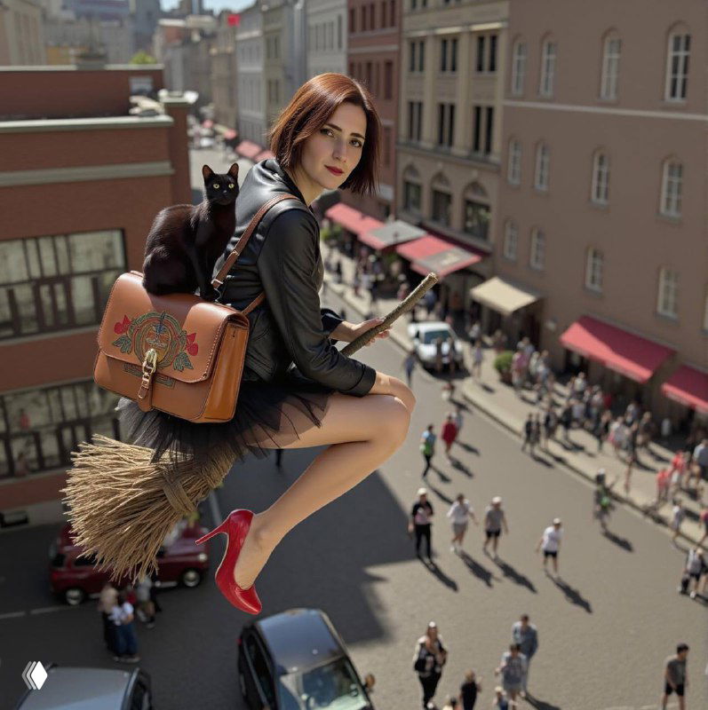 Женщина на метле высоко над городской улицей с рюкзаком и чёрным котом на спине, видно прохожих и здания внизу, лёгкая фантазийная сцена.