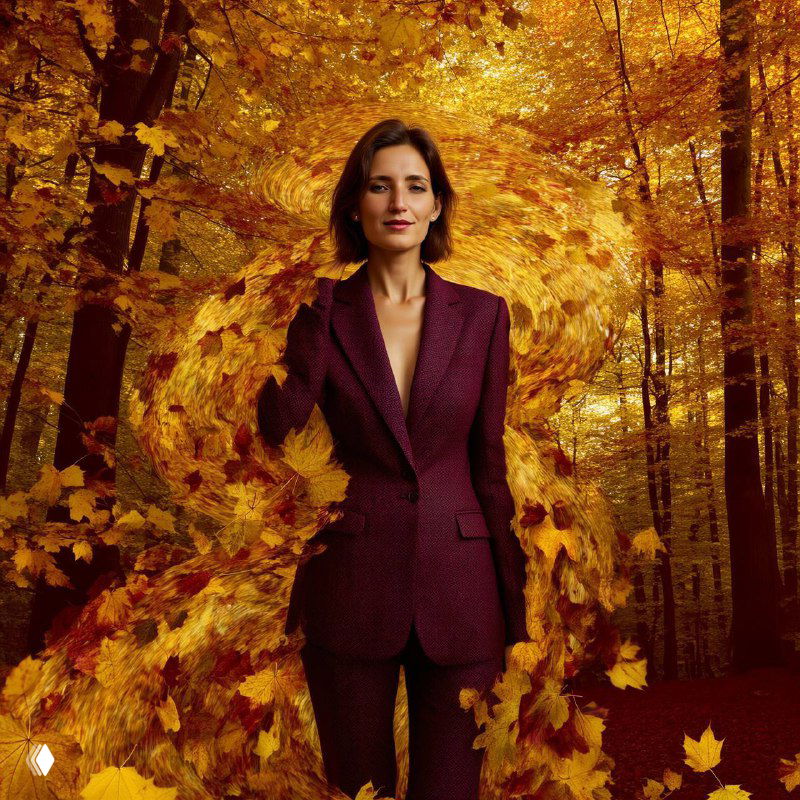 Портрет женщины в бордовом пиджаке на фоне осеннего леса и вихря листьев — образ автора, иллюстрирующий тему порядка.