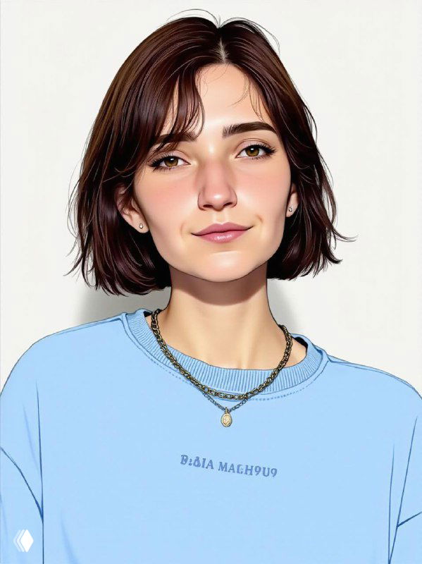 Стиллизованный портрет молодой женщины в голубой футболке, крупный план лица; иллюстрация автора канала.