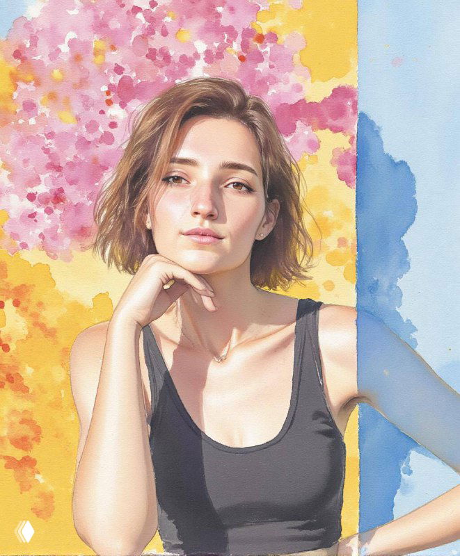 Иллюстративный портрет молодой женщины в тёмном топе на ярком акварельном фоне; задумчивый взгляд, мягкая палитра.