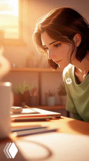 Иллюстрация: человек за рабочим столом в тёплом утреннем свете, сосредоточенно работающий над творческим проектом, на заднем плане растения и канцелярия.