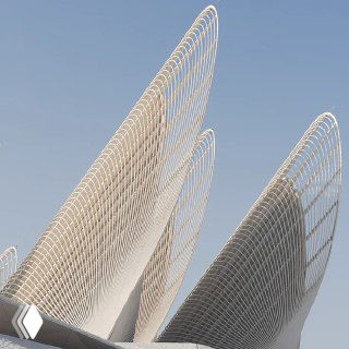 Деталь архитектурной формы музея/павильона на Saadiyat: современная конструкция и фактура, отражающая культурный профиль острова и музейный кластер.