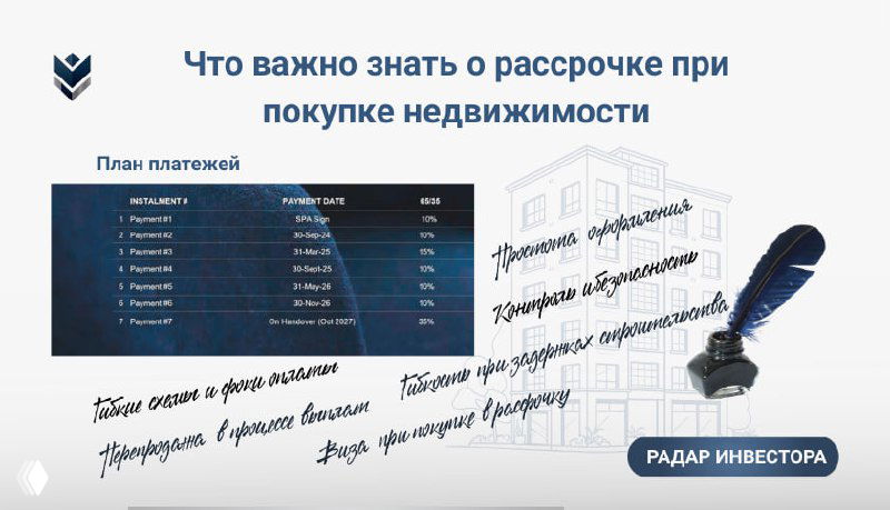 Инфографика с таблицей оплат и заголовком: схемы рассрочки на недвижимость в ОАЭ, эскроу‑счёт и эскизы здания.