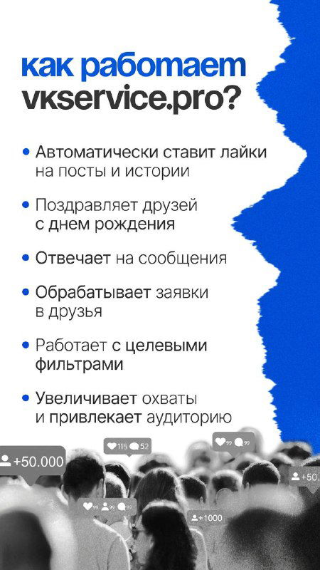 Инфографика с перечислением функций vkservice.pro: автоматические лайки, поздравления, ответы на сообщения и обработка заявок в друзья.