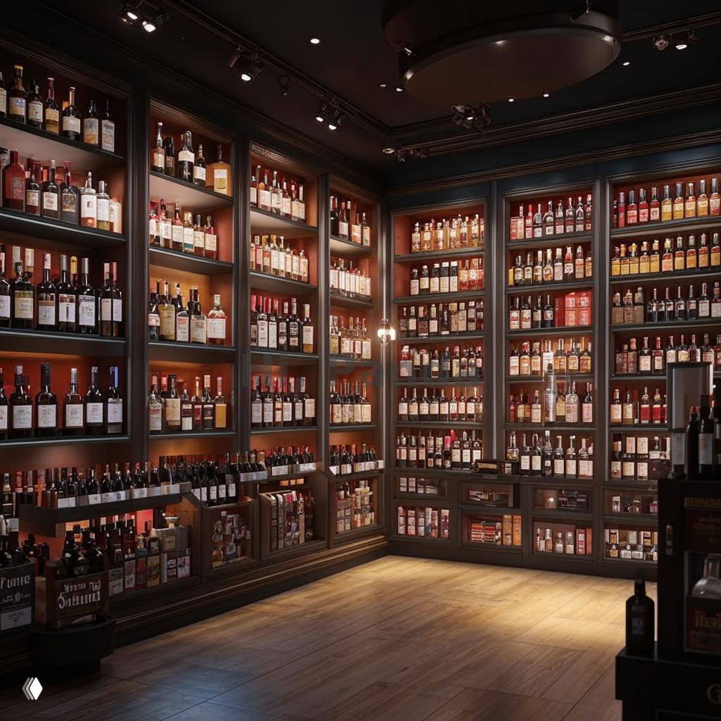Полки магазина с множеством бутылок алкоголя (вино, виски, ликёры) в тёплом освещении; иллюстрация темы лимитов ввоза алкоголя в страну.