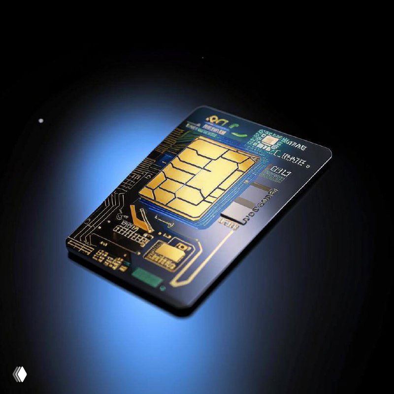 Стилизованное изображение SIM-карты с видимым микрочипом на тёмном фоне, символизирующее цифровую eSIM и мобильную связь.