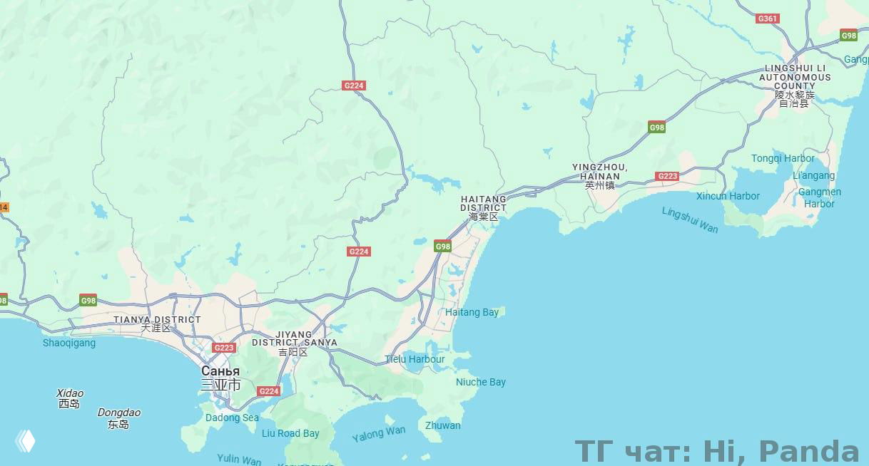 Карта побережья Саньи (Хайнань) с отмеченными бухтами: Санья Бэй, Сяодунхай, Дадунхай, Ялонг, Хайтангбэй и Линшуй.