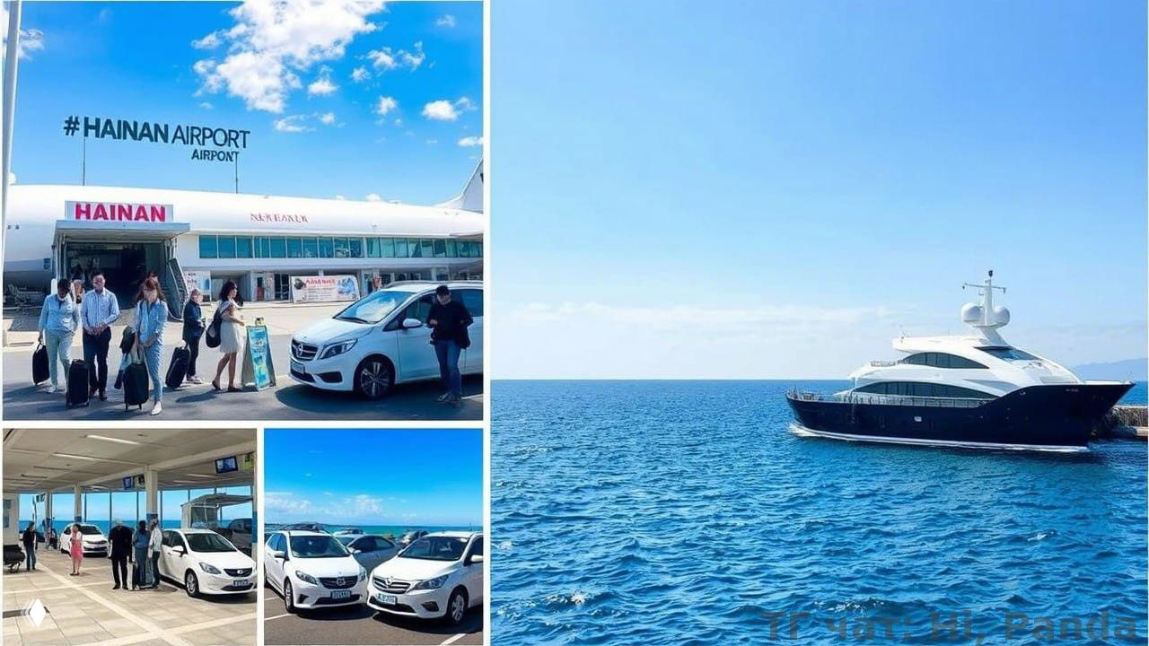 Коллаж: встреча у аэропорта Хайнань с пассажирами и автомобилями трансфера, а также кадр с частной яхтой в море.