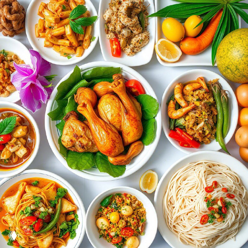 На фото — ассортимент блюд хайнаньской кухни: варёный цыплёнок, морепродукты, лапша, овощи и тропические фрукты на столе.